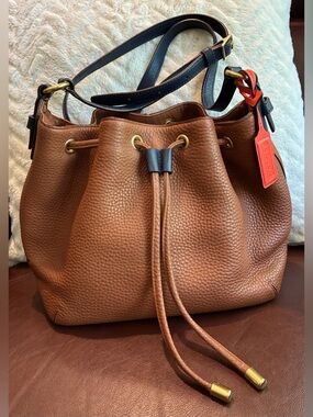 Coach Cognac Brown Pebbled Leather Drawstring Bucket Bag with Navy Strap